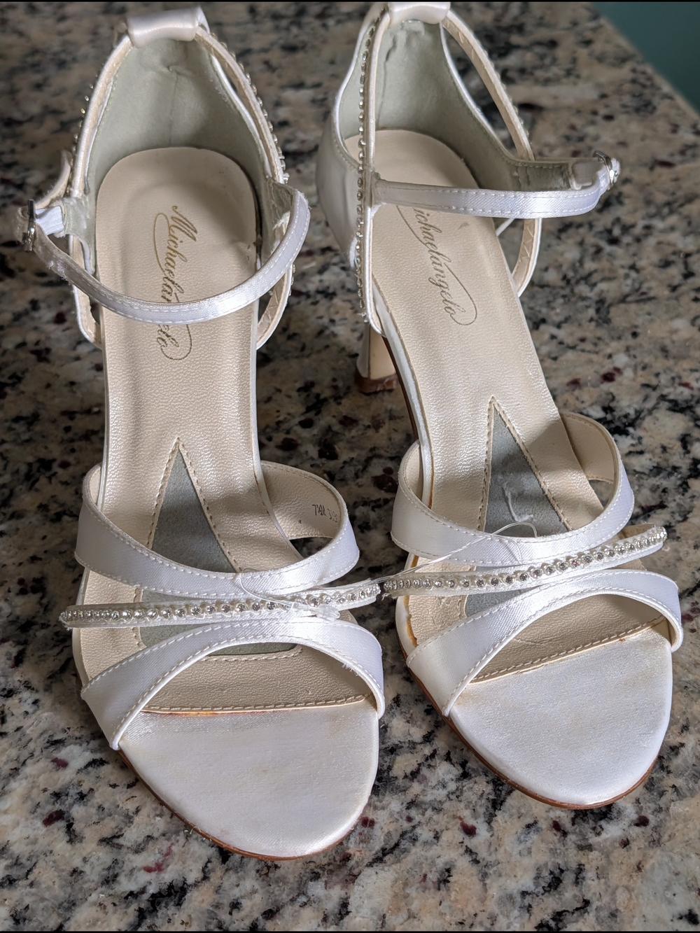 Michaelangelo "Rebecca" White Strappy Jeweled Wedding Heels Sz 7.5 VeryGoodUsed
